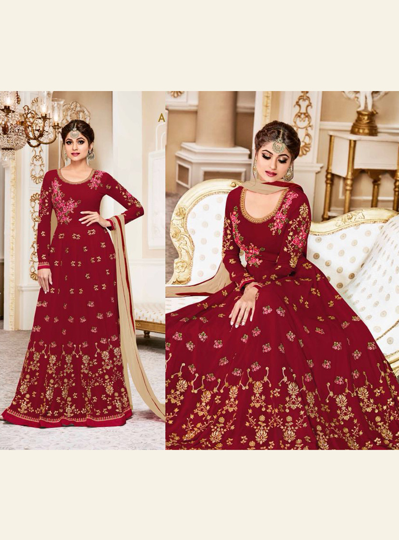 Shamita Shetty Red Georgette Floor Length Anarkali Suit 120836