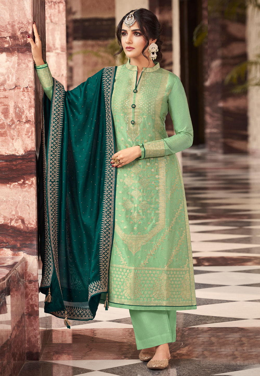 Light Green Silk Jacquard Palazzo Suit 247500