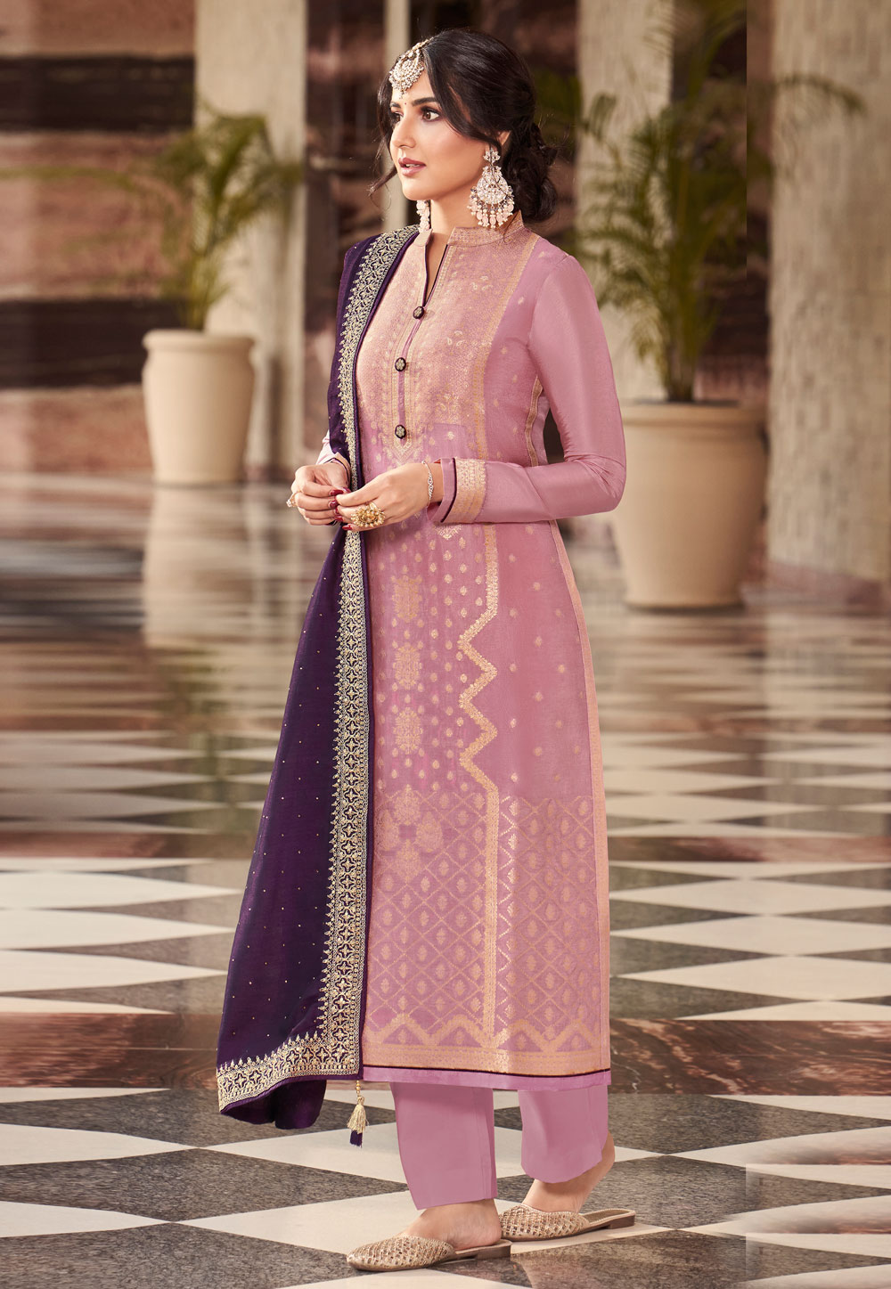 Pink Silk Jacquard Pakistani Palazzo Suit 247501