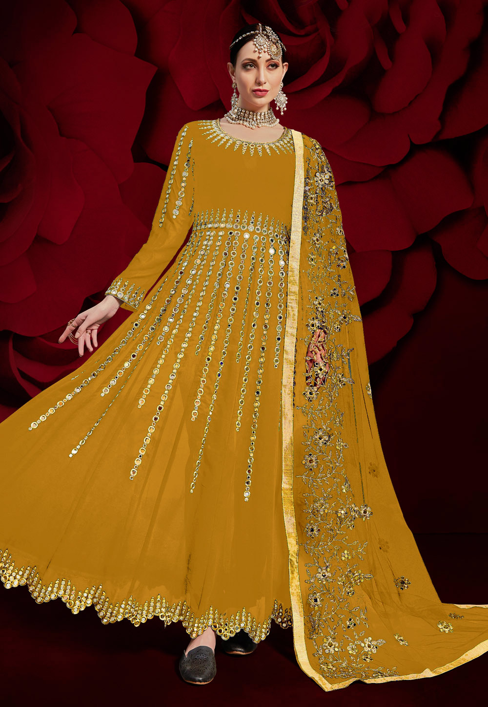 Yellow Georgette Abaya Style Anarkali Suit 227273