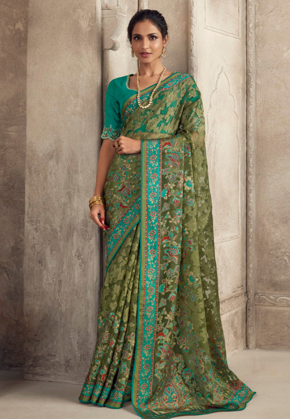 Mehndi Brasso Saree With Blouse 273134