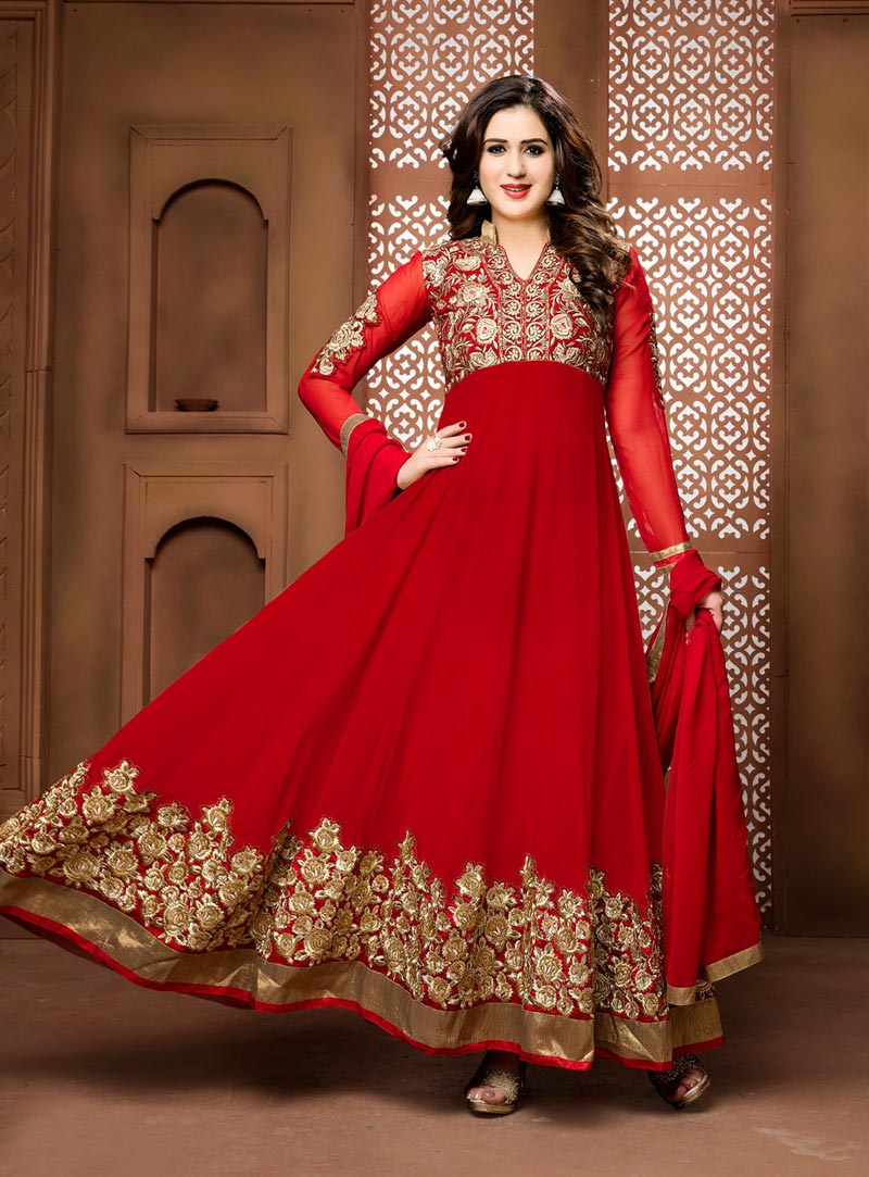 Red Georgette Long Anarkali Suit 77506