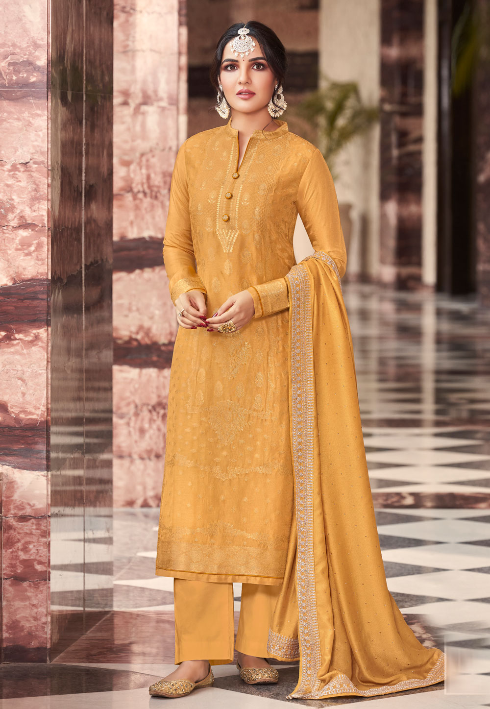 Mustard Silk Jacquard Pakistani Palazzo Suit 247503