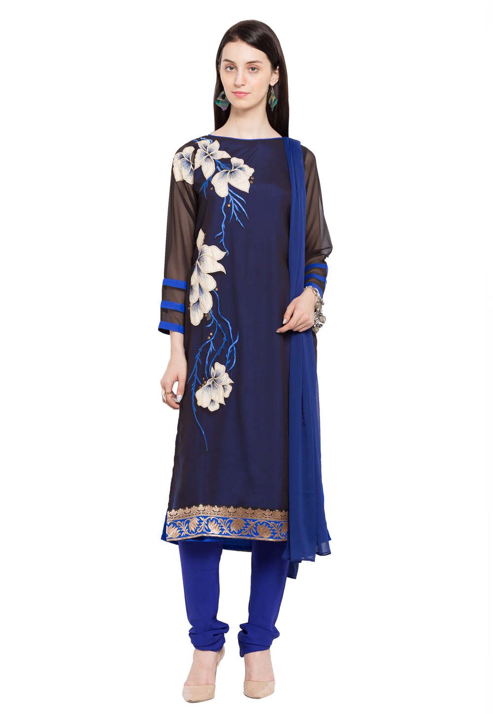 Navy Blue Faux Georgette Readymade Churidar Suit 230373