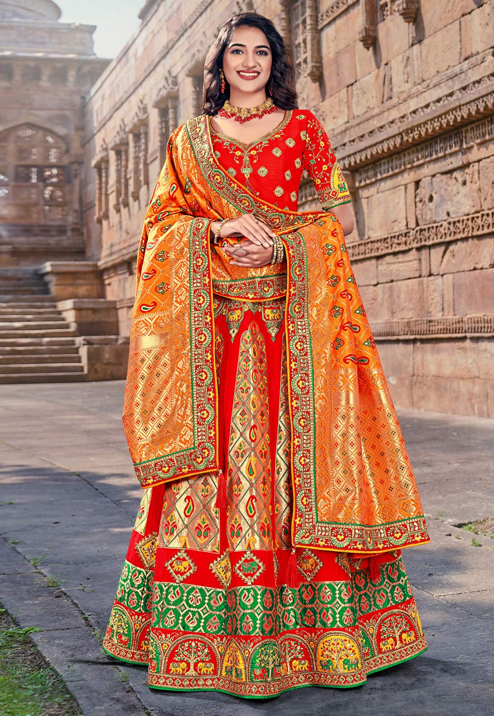 Red Banarasi Silk Circular Lehenga Choli 250544