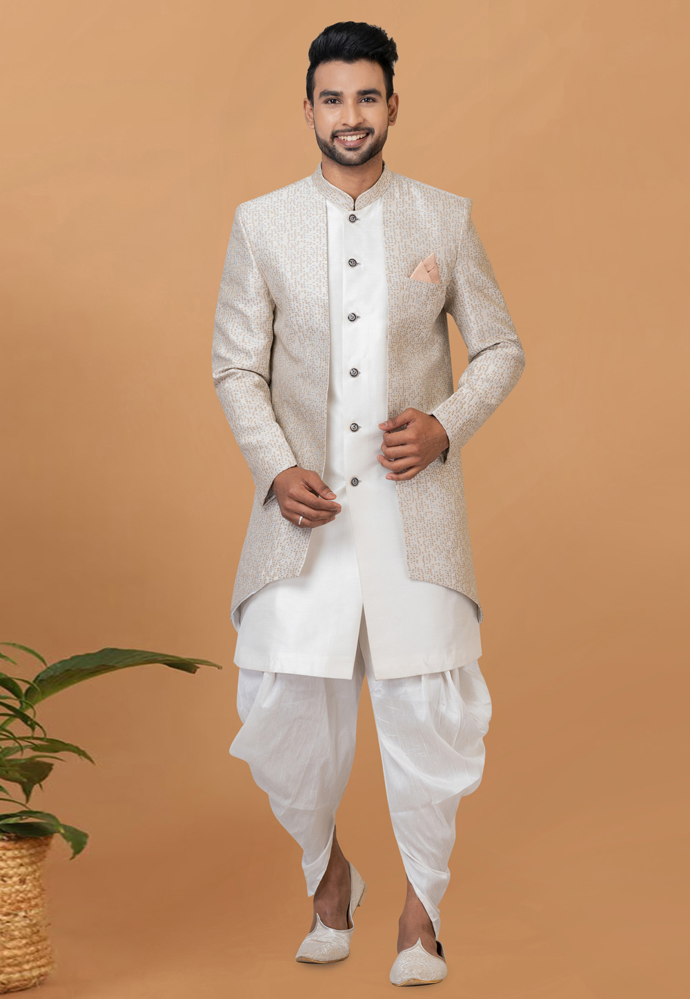 White Jacquard Silk Dhoti Sherwani 273099