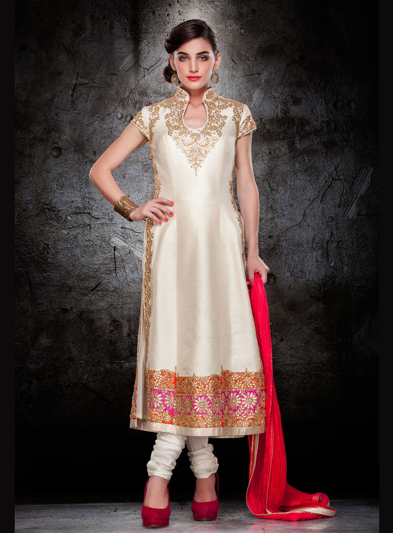 Off White Raw Silk Pakistani Style Suit 63179