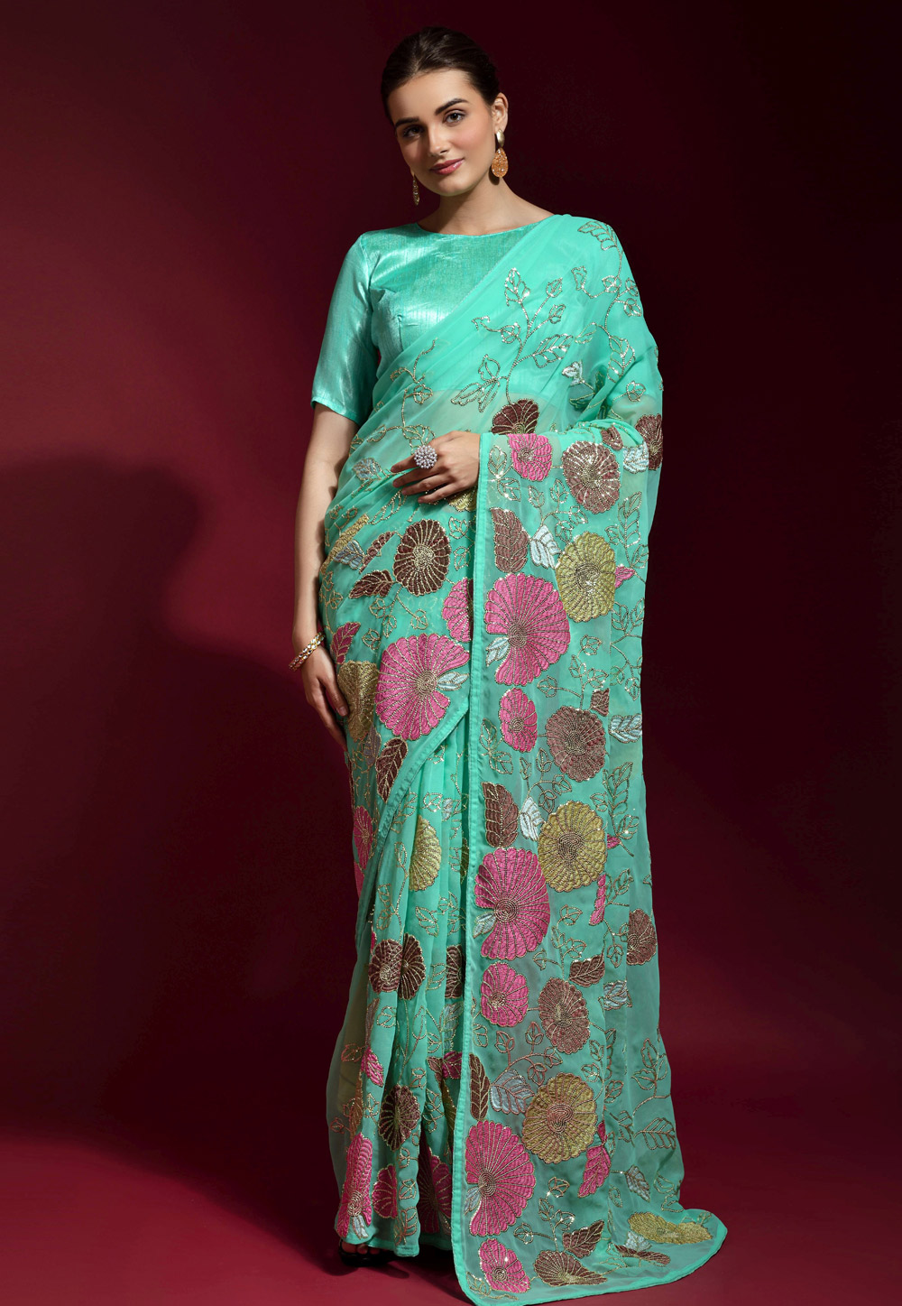 Turquoise Banglori Silk Saree With Blouse 247476