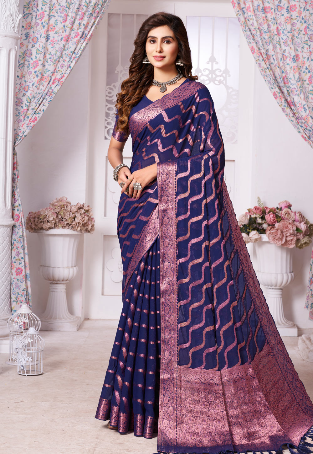 Navy Blue Georgette Saree With Blouse 276834