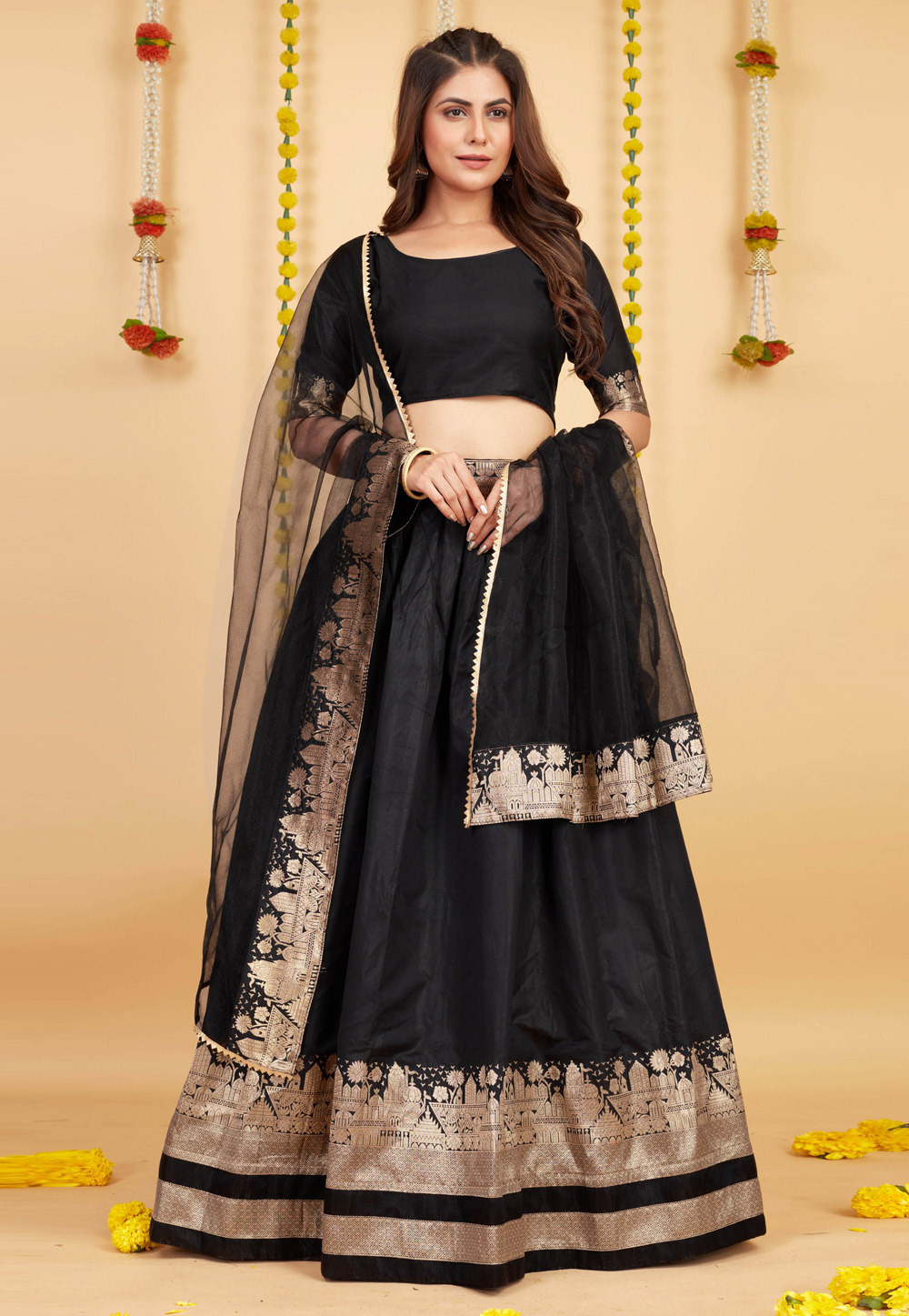 Black Soft Silk Circular Lehenga Choli 263766