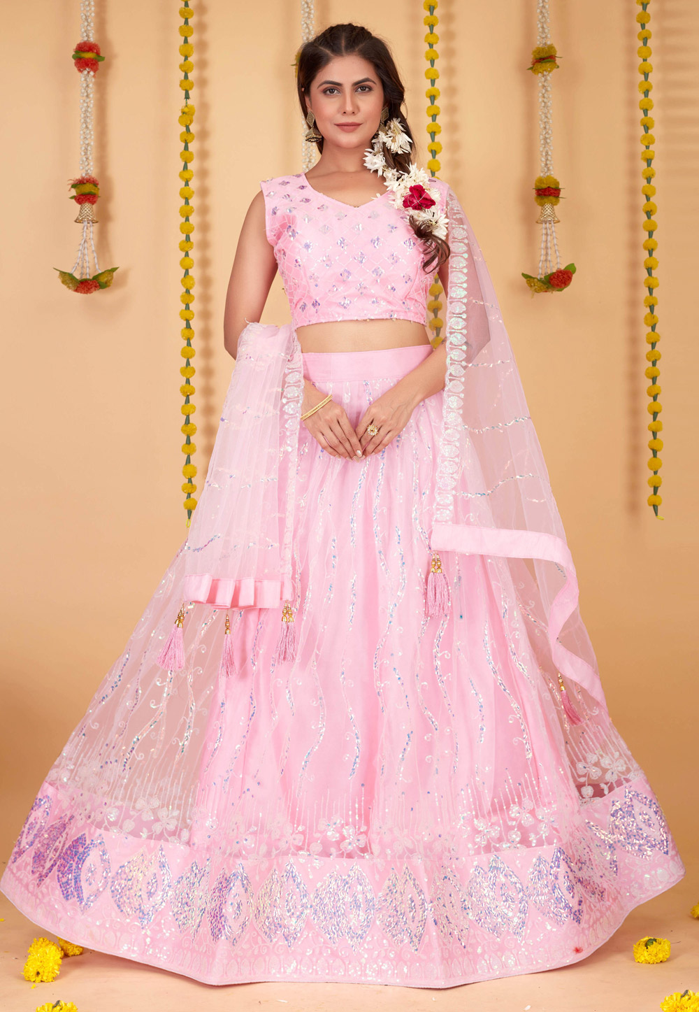 Pink Net Circular Lehenga Choli 263767