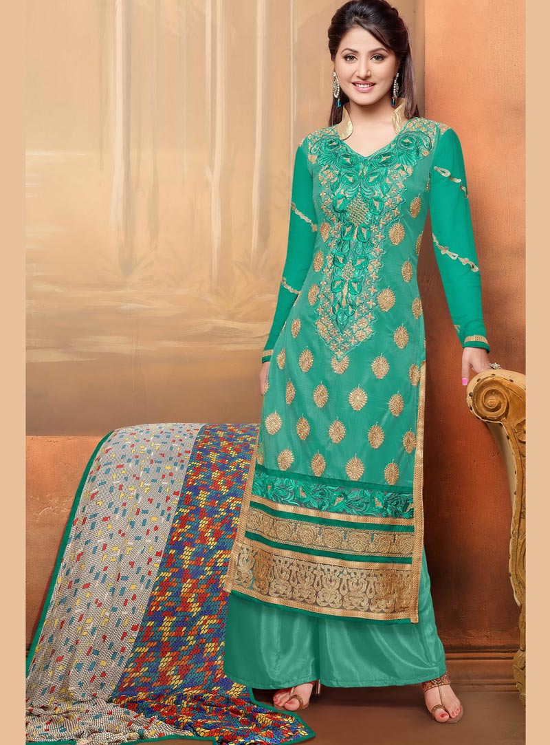 Hina Khan Sea Green Georgette Palazzo Style Suit 88029