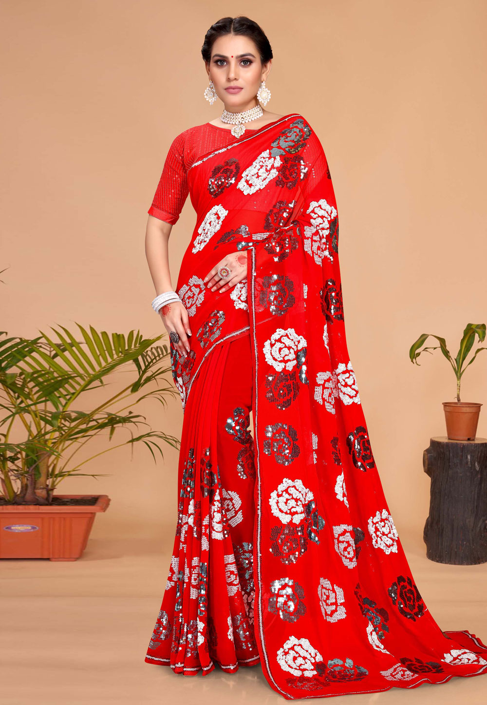 Red Georgette Saree With Blouse 256494