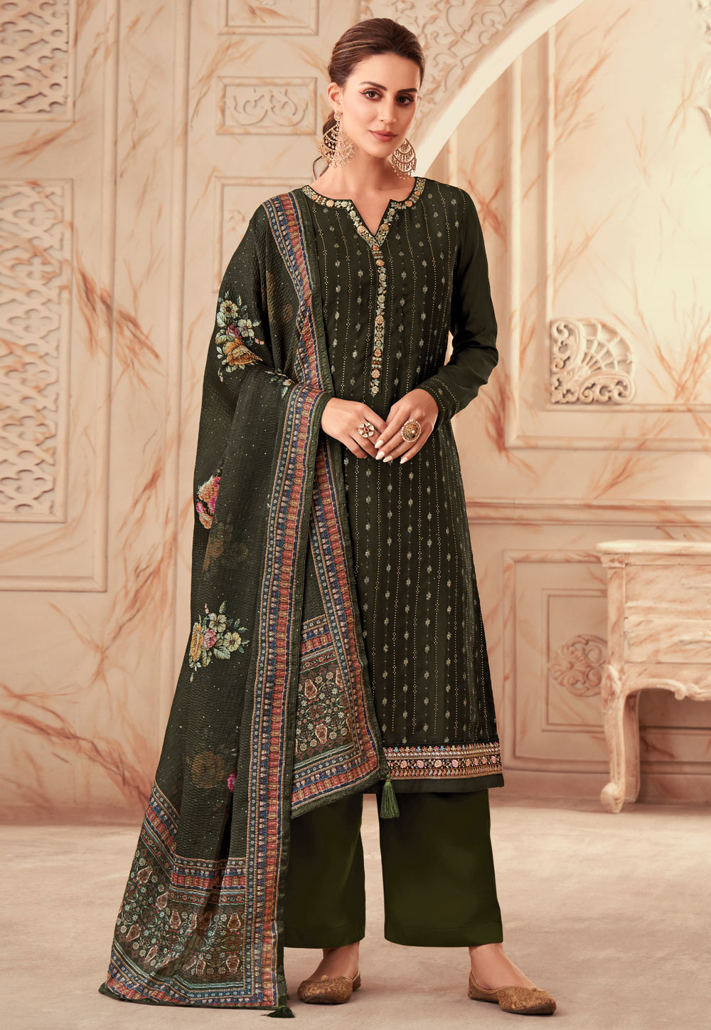 Camo Green Chinon Silk Palazzo Suit 258133