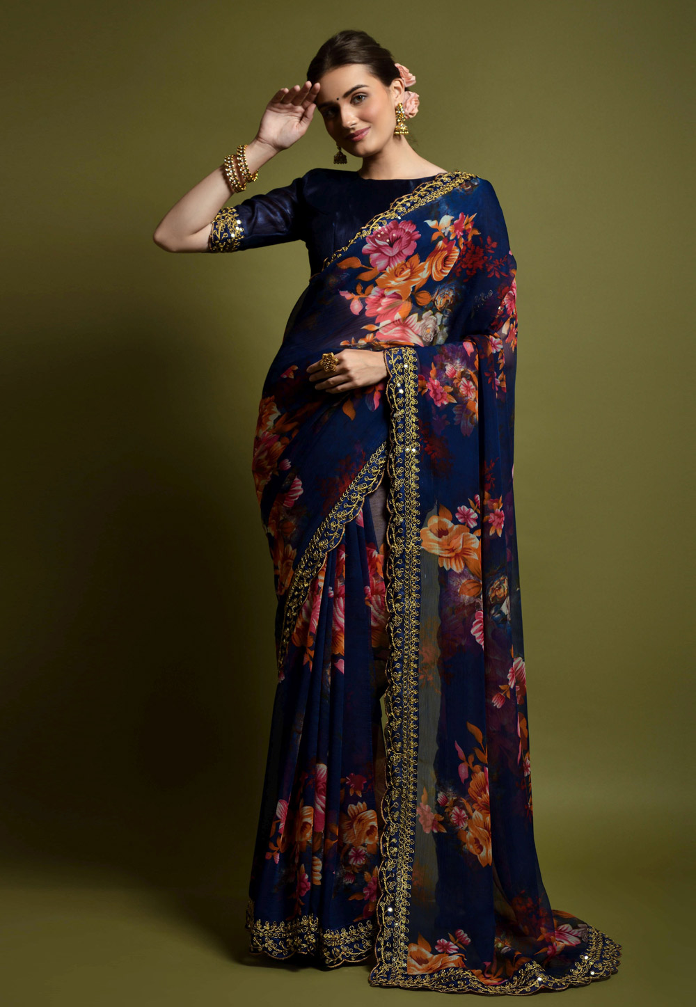 Navy Blue Georgette Saree With Blouse 247549