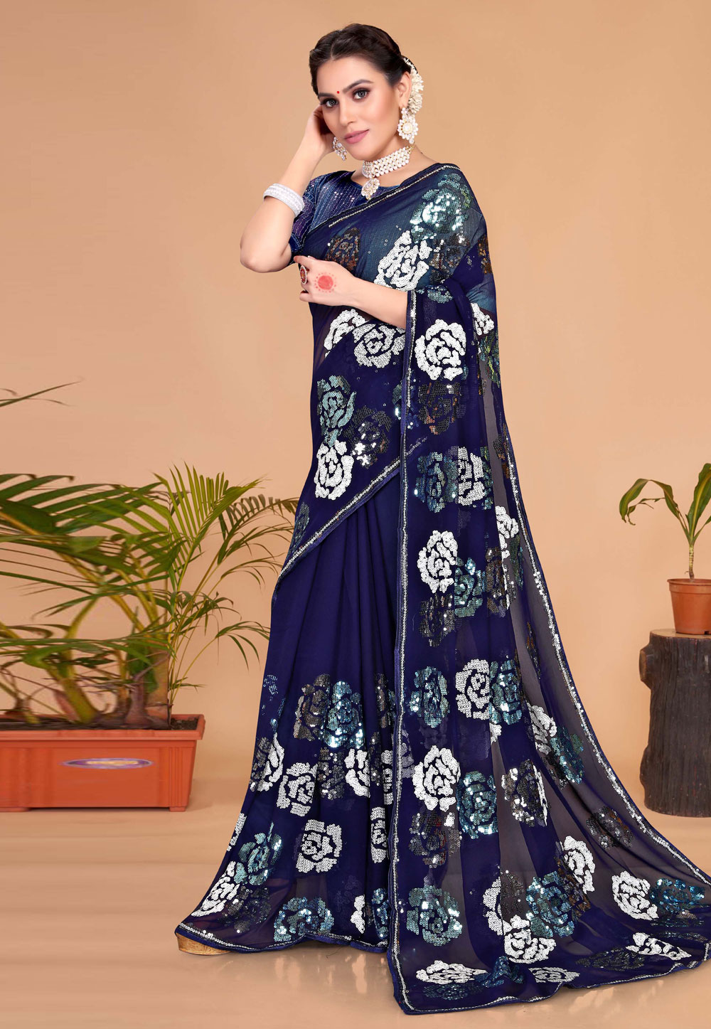 Navy Blue Georgette Sequence Saree 256495