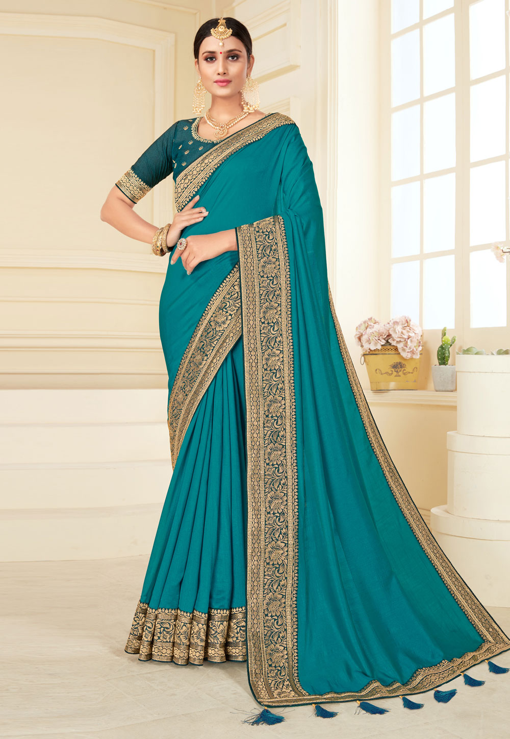 Turquoise Silk Festival Wear Saree 218825
