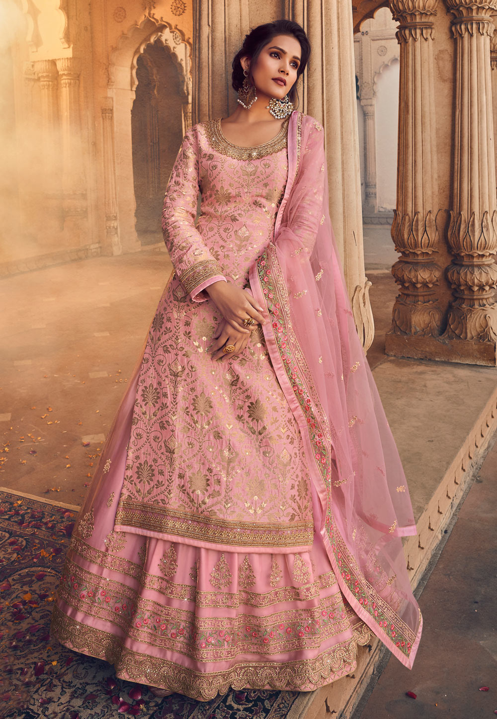 Pink Net Embroidered Indo Western Lehenga Choli 222160