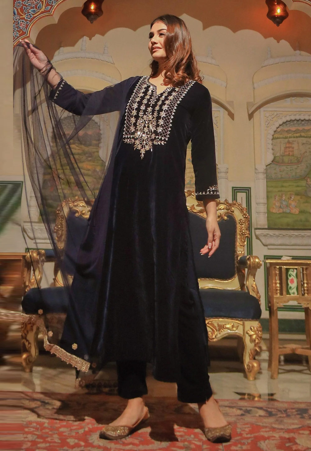 Navy Blue Velvet Readymade Pakistani Suit 263943