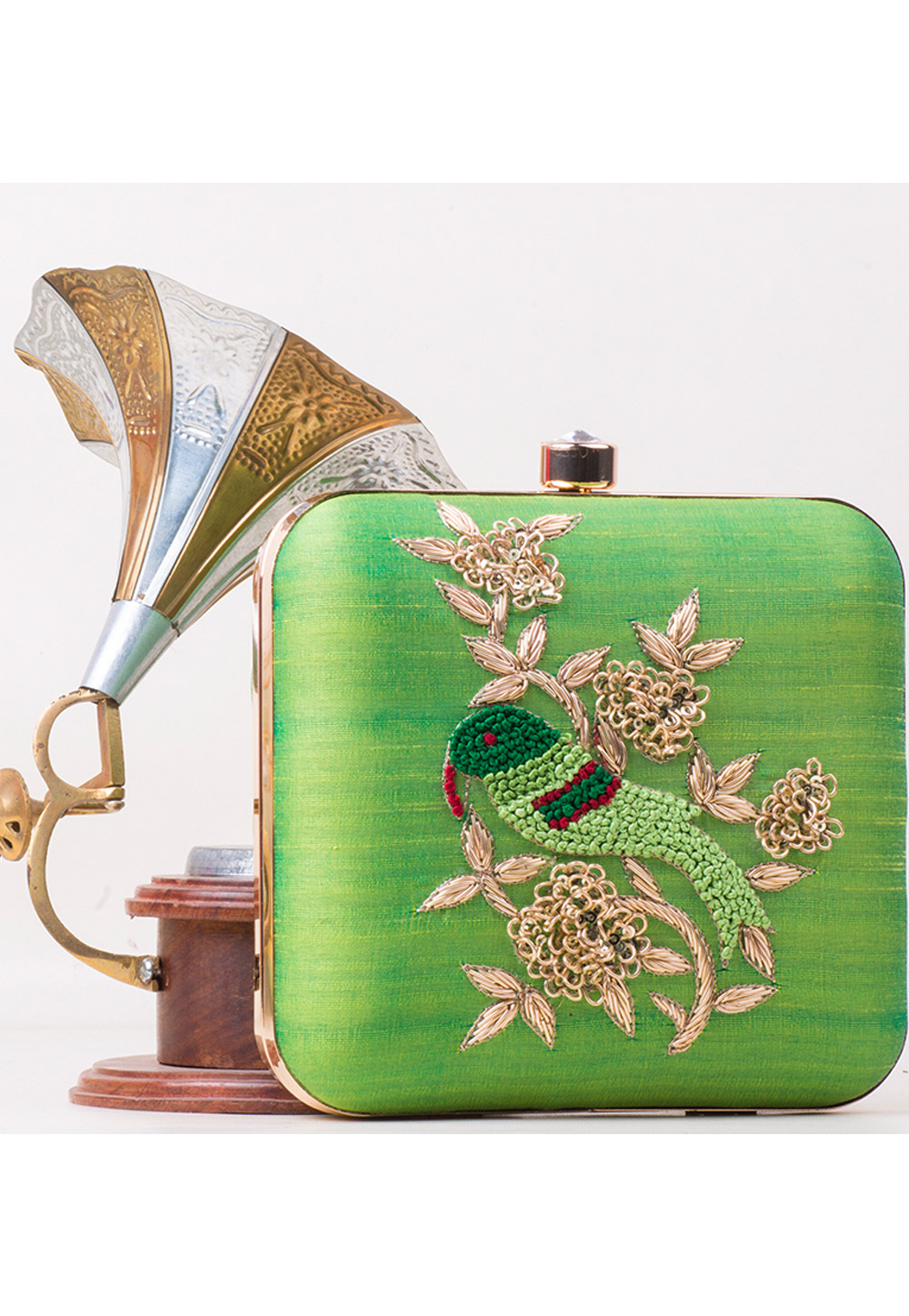 Light Green Art Silk Clutch 263967