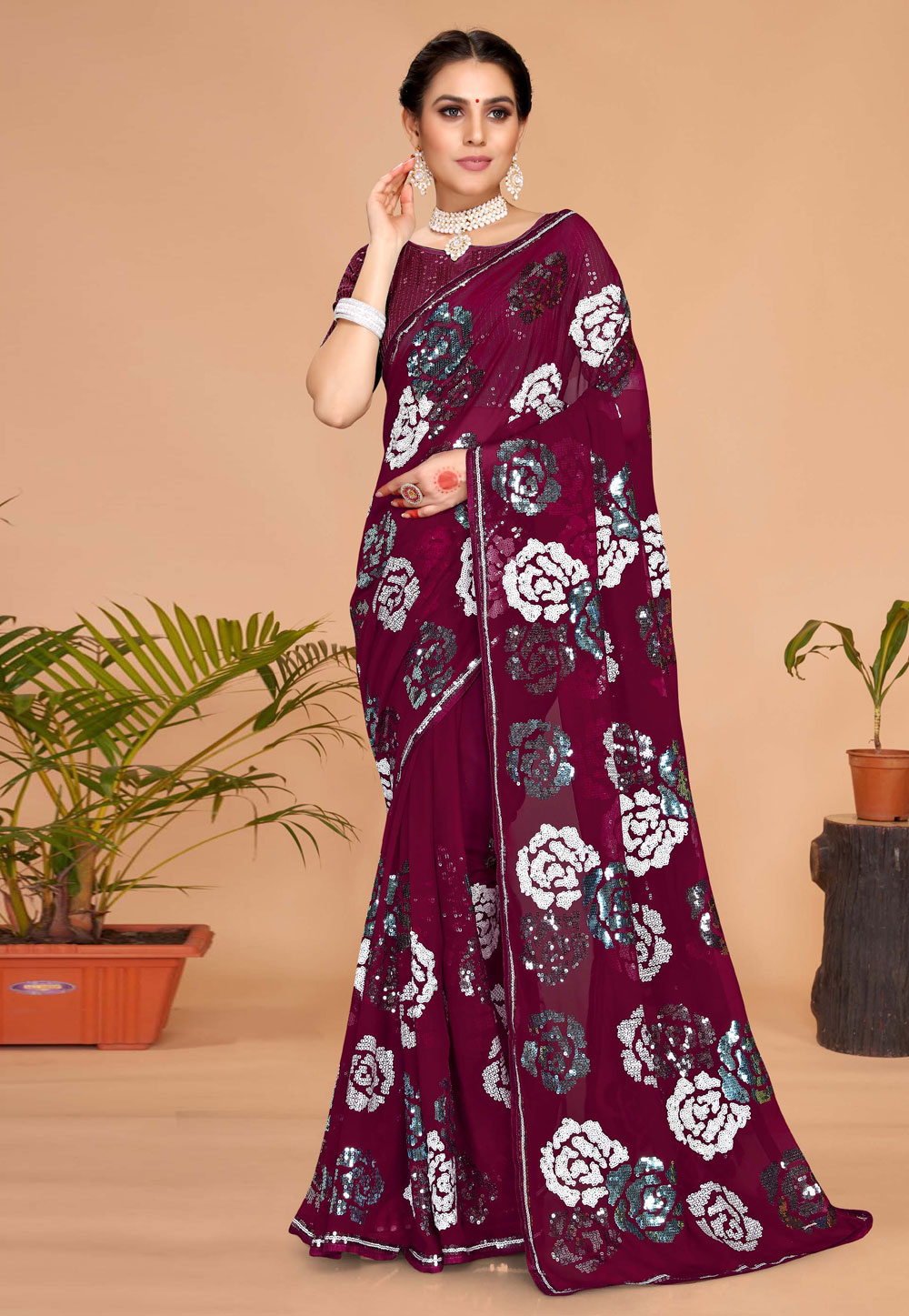 Wine Georgette Saree With Blouse 256496