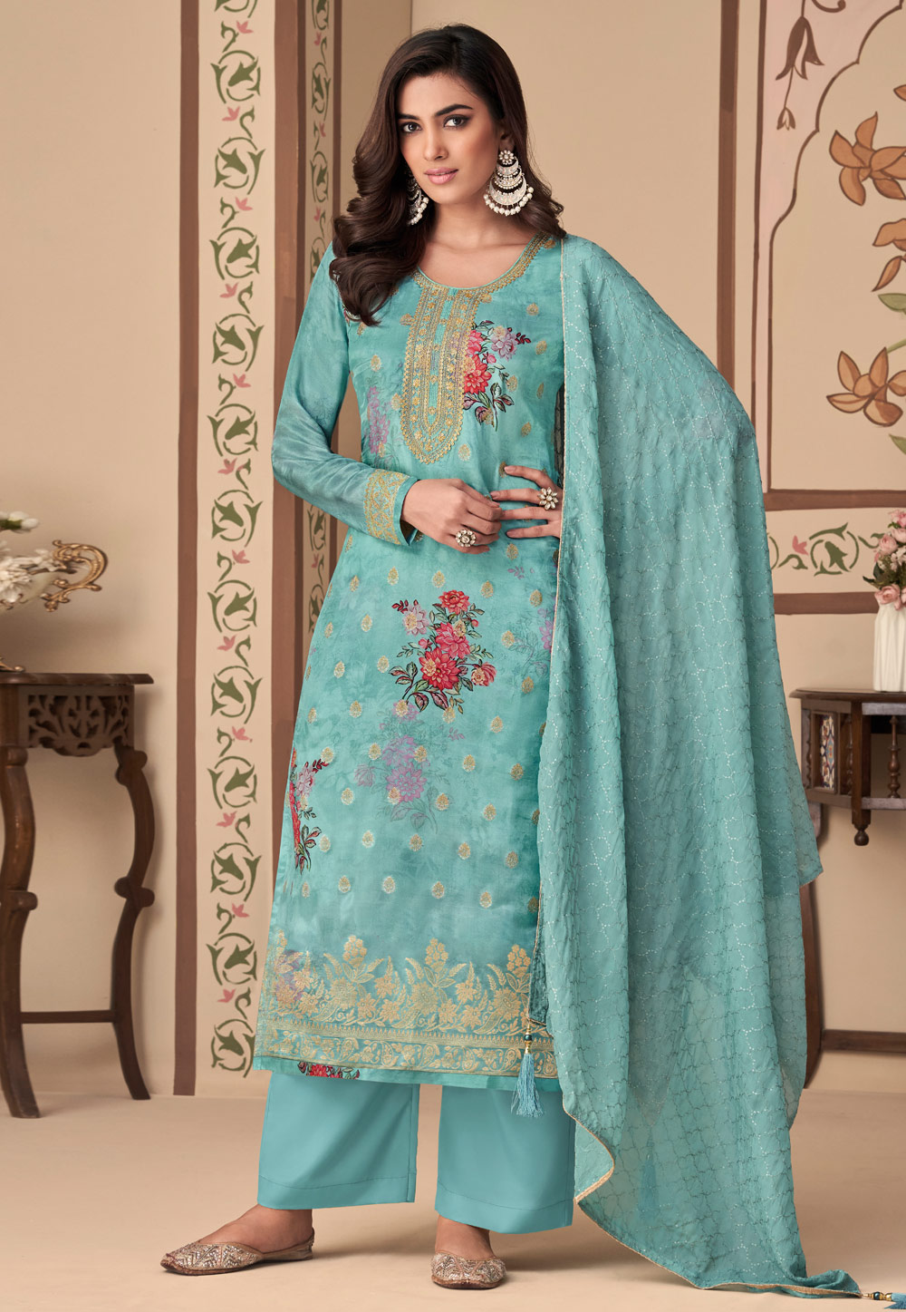 Sky Blue Silk Jacquard Pakistani Suit 259133