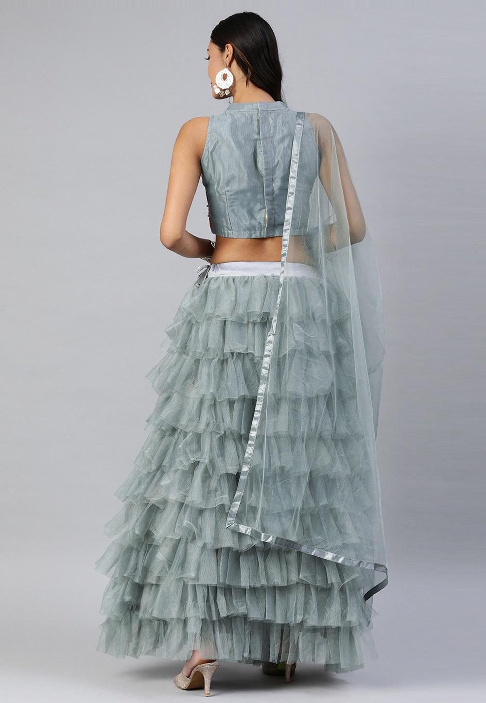 Rajkumari and Suresh Lehenga With Choker Ruffle Dupatta Set | Grey,  Cutdana, Crepe, Sweetheart, Wide Straps | Ruffle dupatta, Aza fashion,  Sequin lehenga