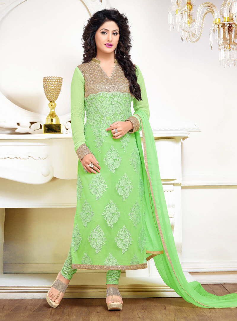 Hina Khan Light Green Georgette Straight Cut Suit 88235