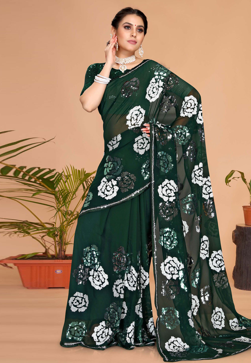 Green Georgette Sequence Saree 256497