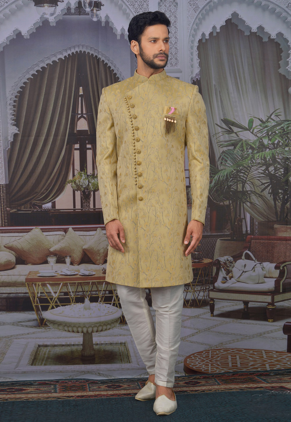 Golden Jacquard Readymade Indo Western Suit 210448