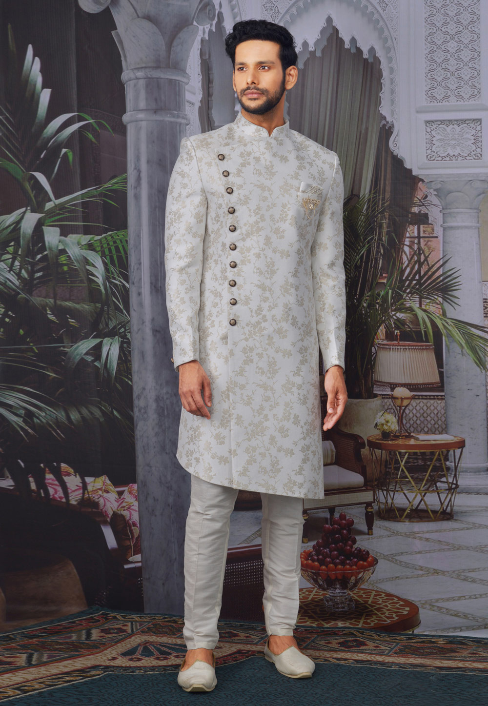 Off White Jacquard Readymade Indo Western Suit 210449