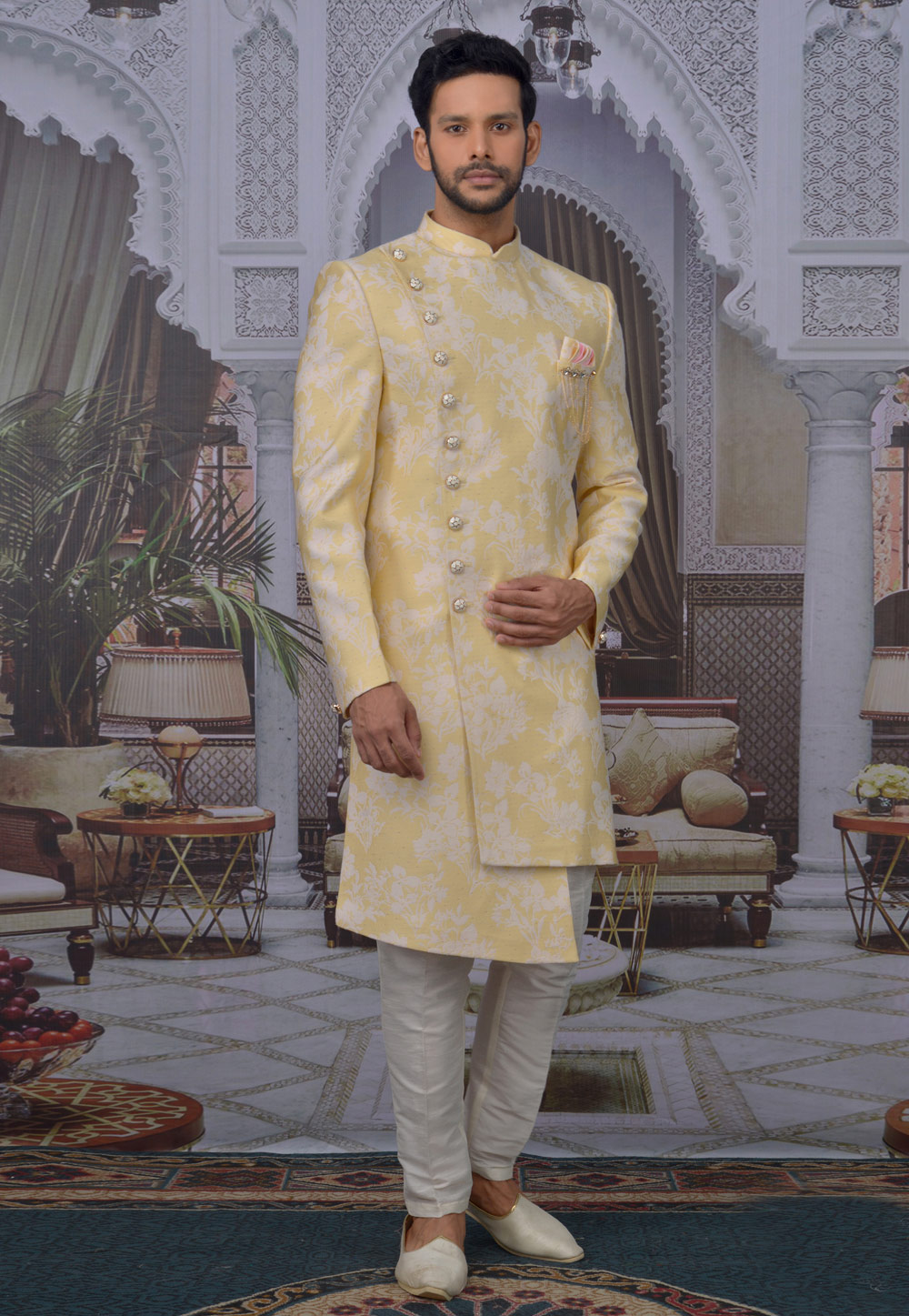 Yellow Jacquard Readymade Indo Western Suit 210452