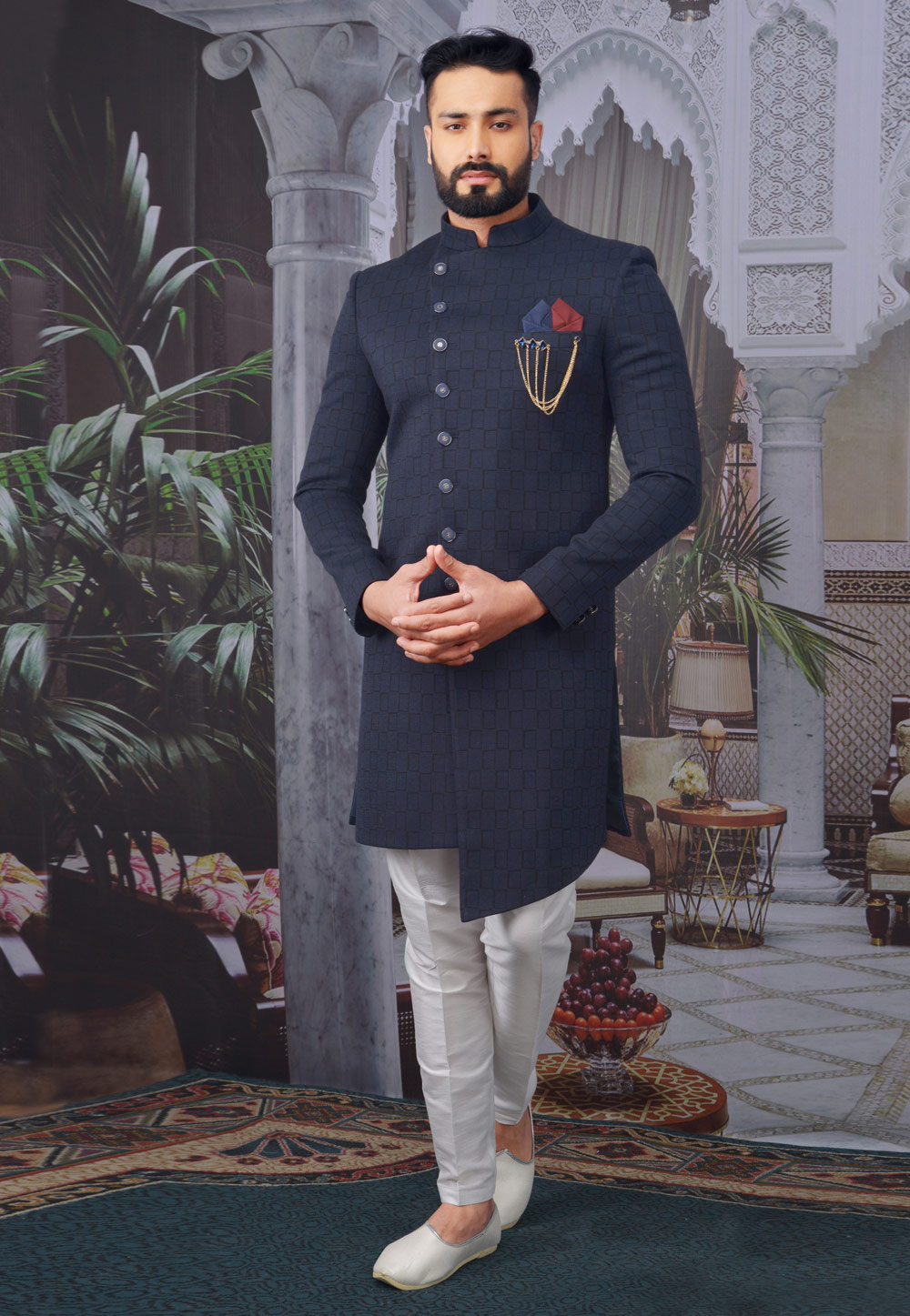 Navy Blue Jacquard Readymade Indo Western Suit 210455
