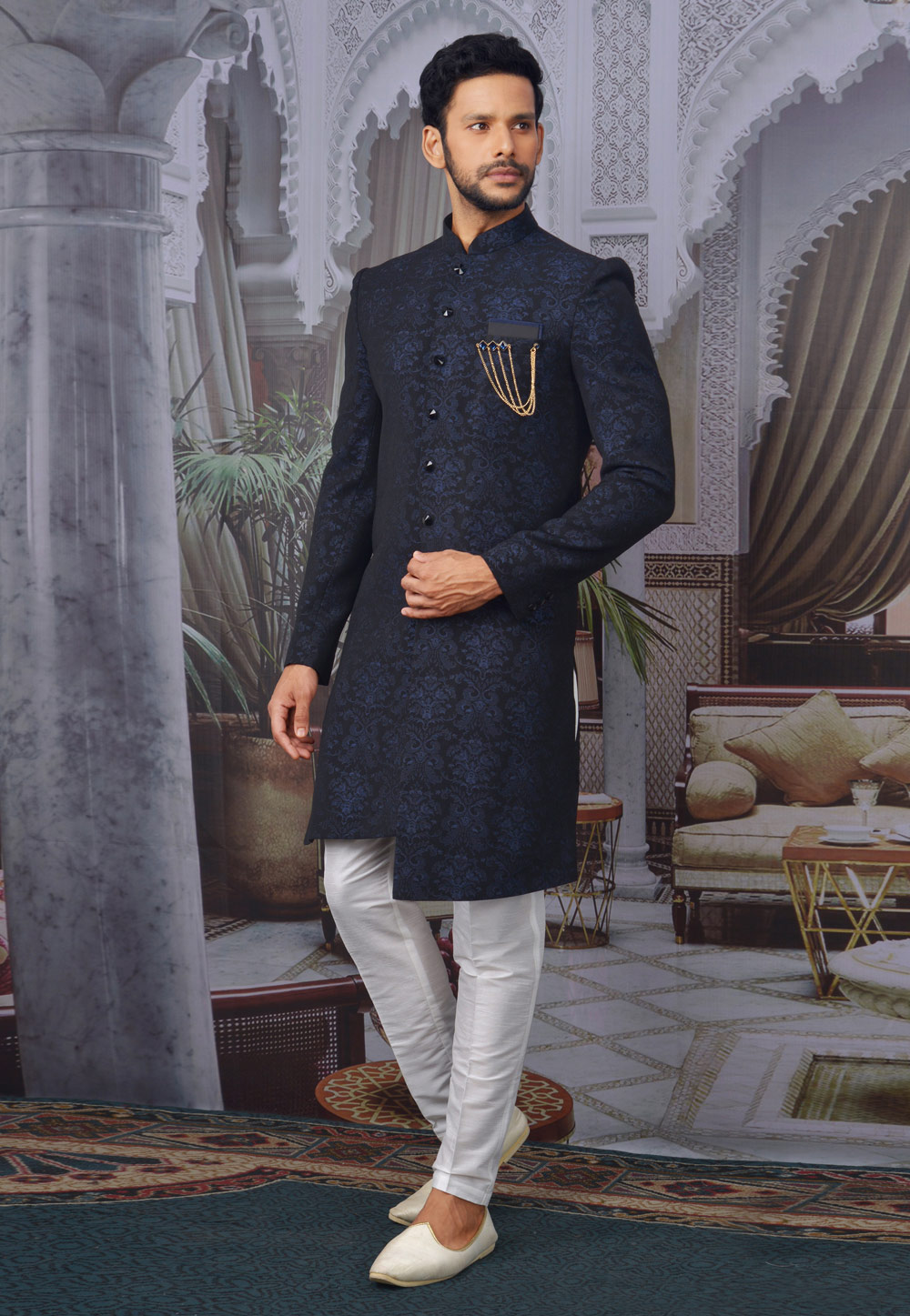 Navy Blue Jacquard Readymade Indo Western Suit 210457