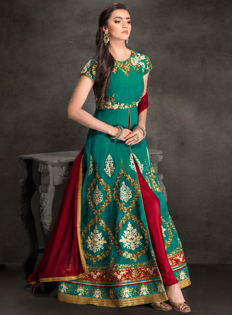 Sea Green Silk Designer Anarkali Suit 76920