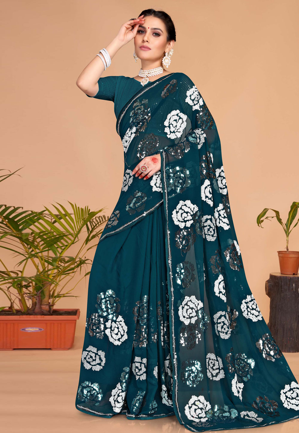 Teal Georgette Saree With Blouse 256498