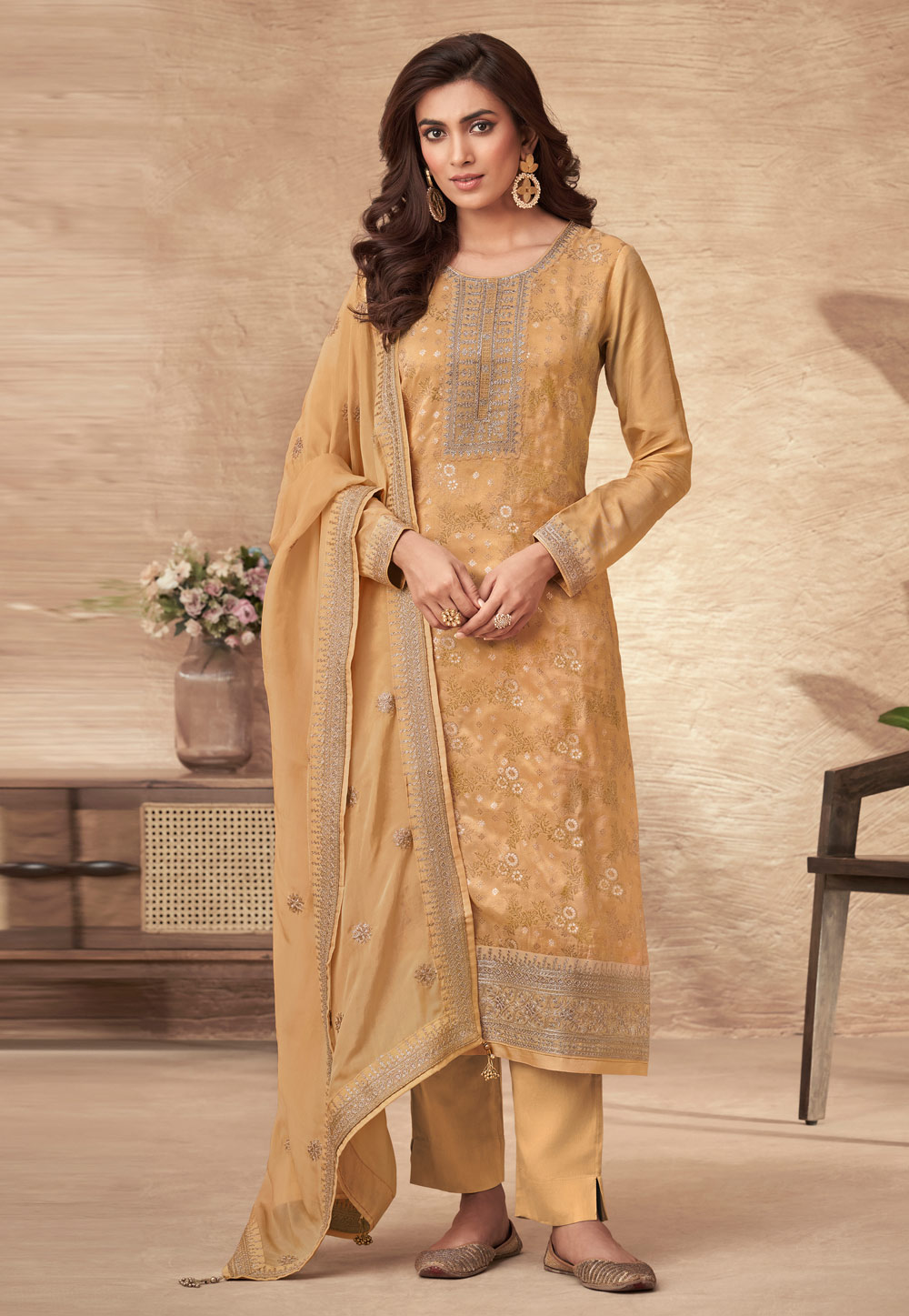 Beige Viscose Jacquard Straight Salwar Suit 271362