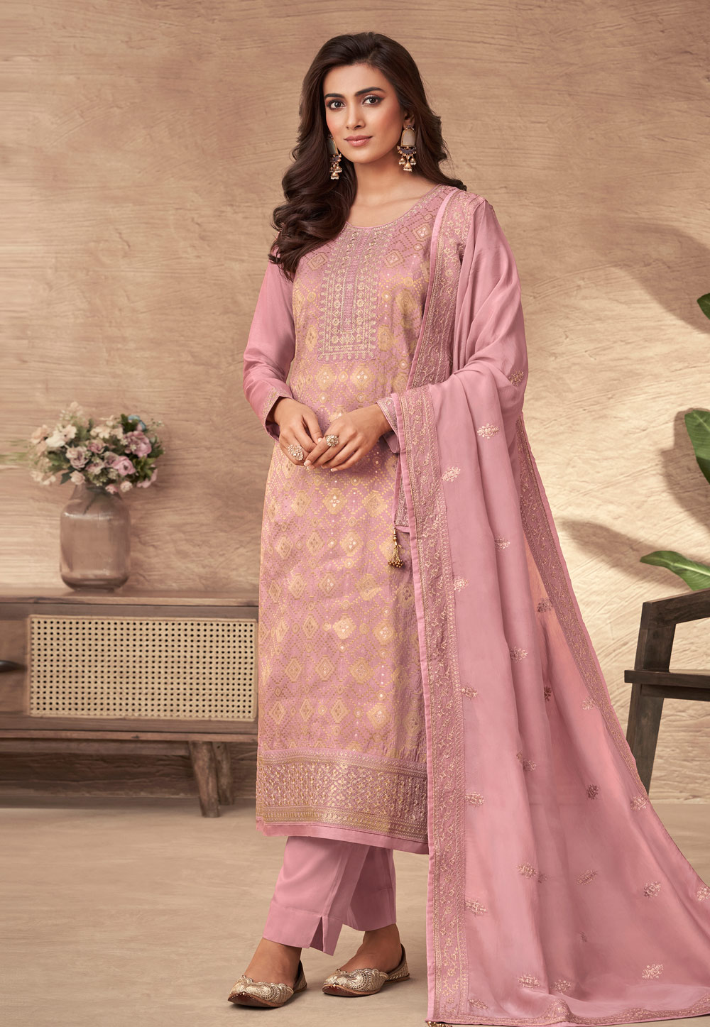 Pink Viscose Jacquard Pakistani Suit 271364