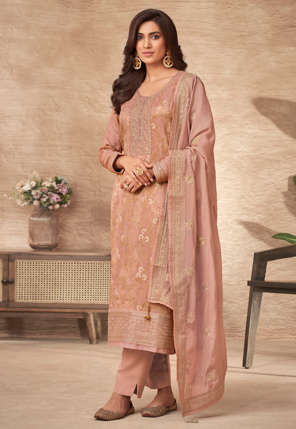Peach Viscose Jacquard Pakistani Style Suit 271366
