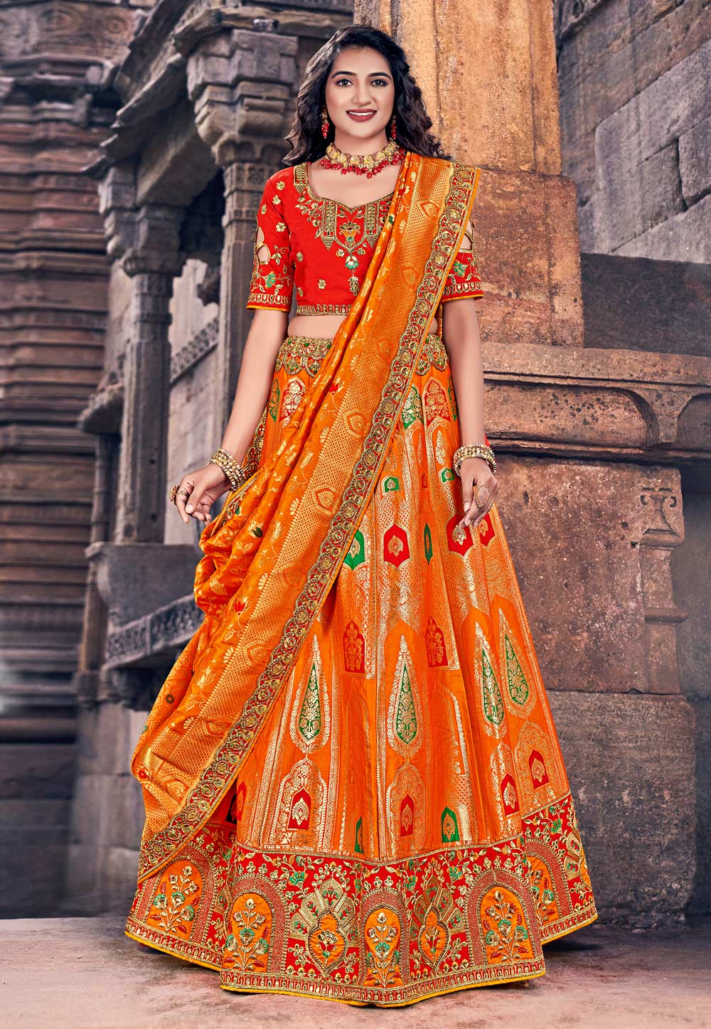 Orange Banarasi Silk Circular Lehenga Choli 250552