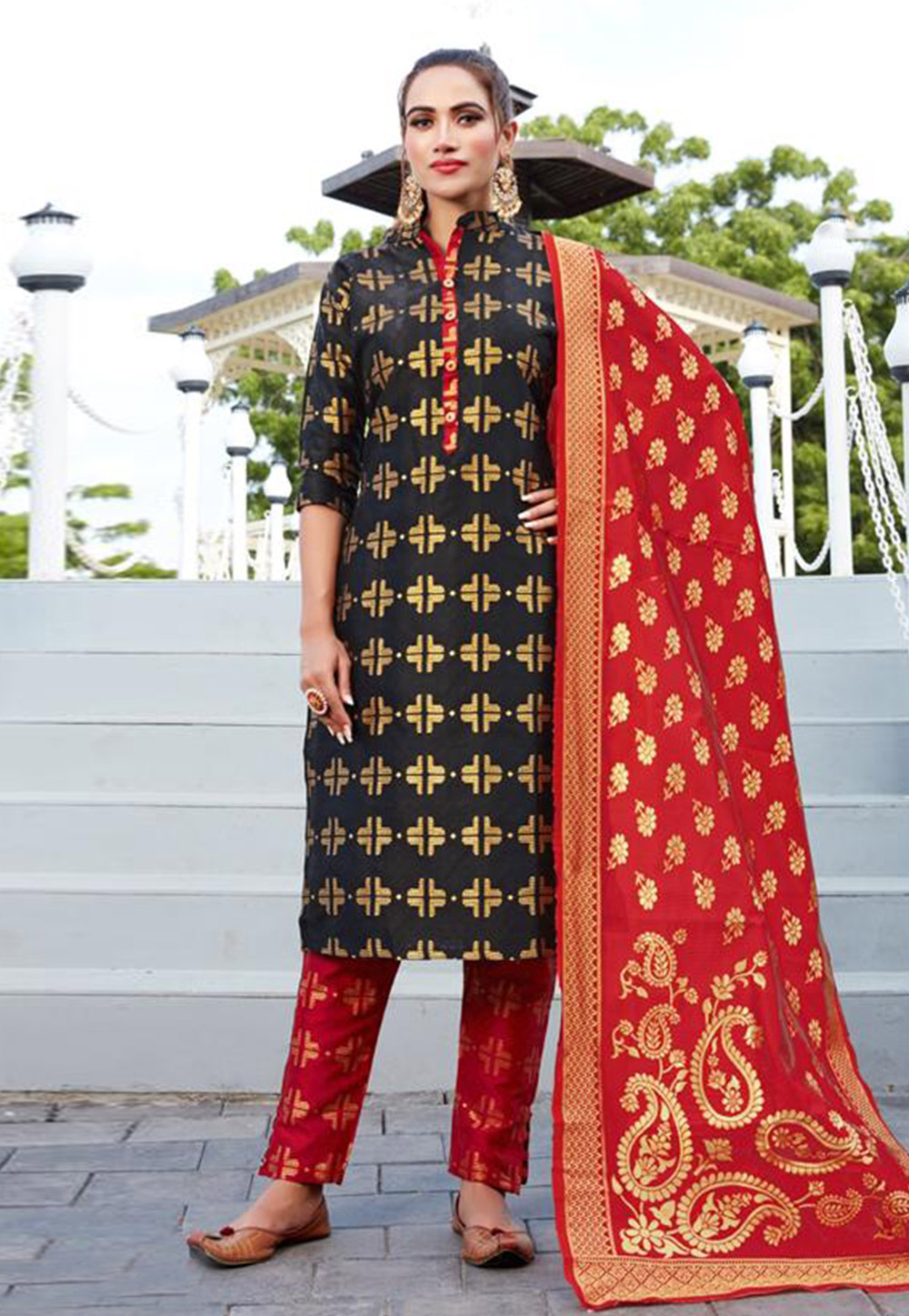 Black Banarasi Jacquard Readymade Pant Style Suit 212843