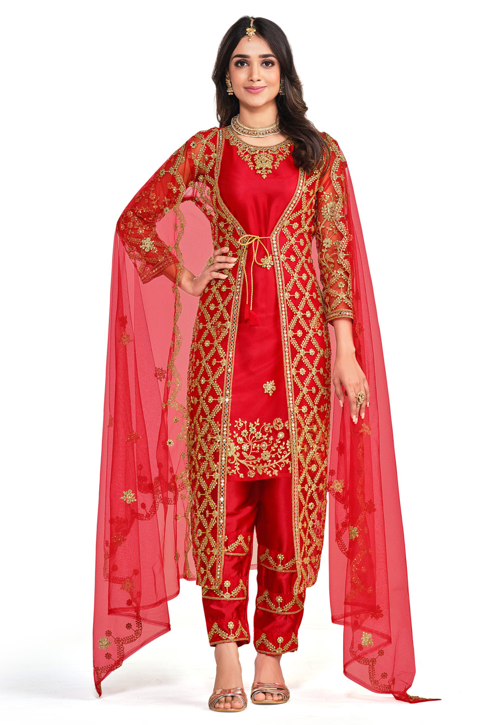 Red Net Embroidered Pant Style Suit 258805