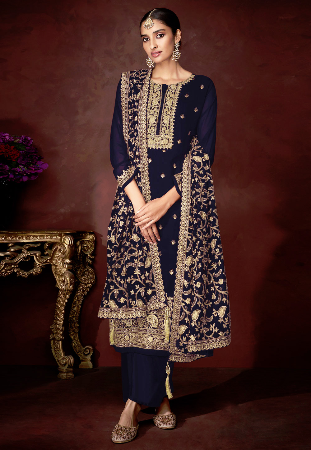Navy Blue Faux Georgette Readymade Pakistani Palazzo Suit 247830