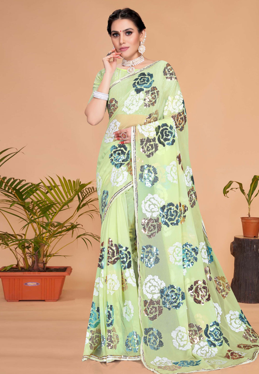 Pista Green Georgette Saree With Blouse 256502