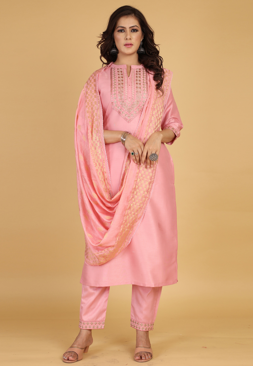 Pink Cotton Silk Readymade Pant Style Suit 266085