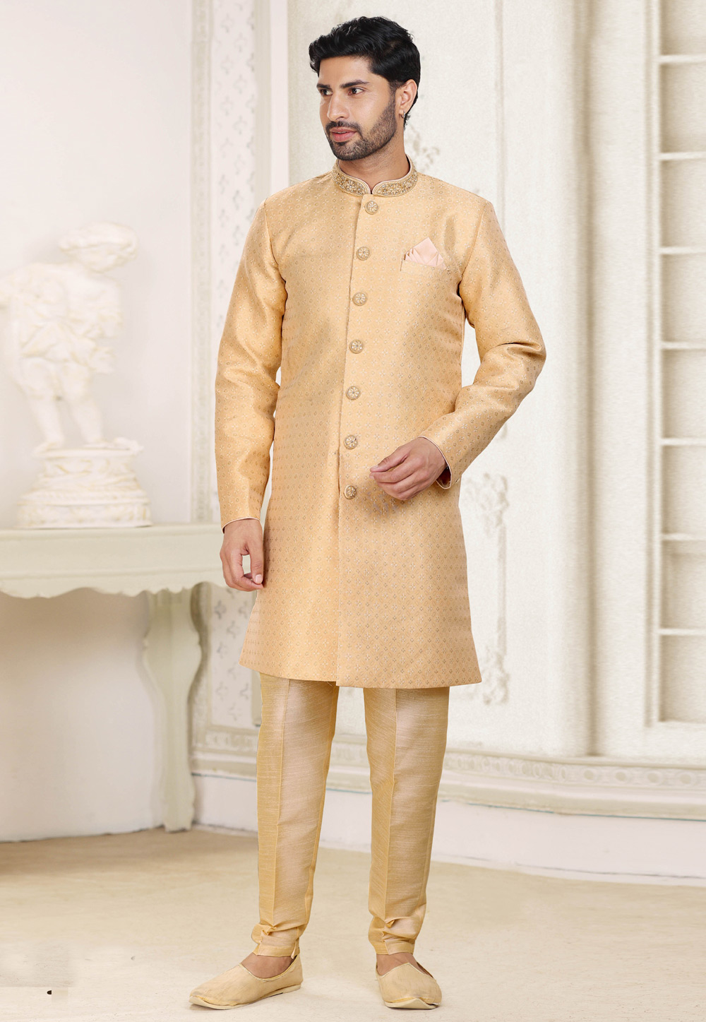 Beige Banarasi Jacquard Achkan Style Sherwani 264595