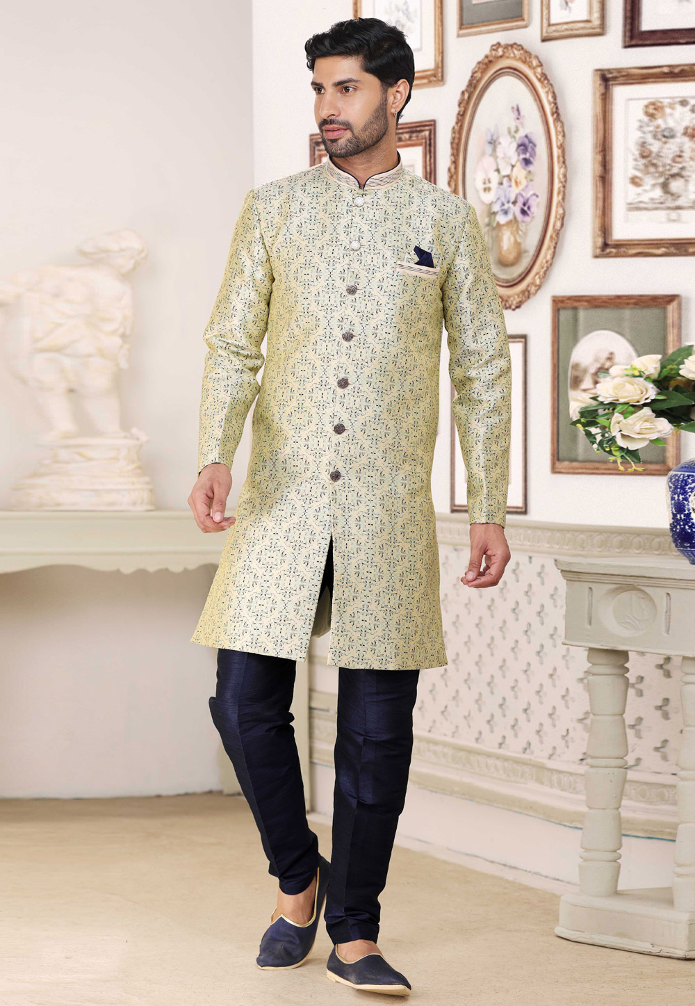Cream Banarasi Jacquard Achkan Style Sherwani 264598