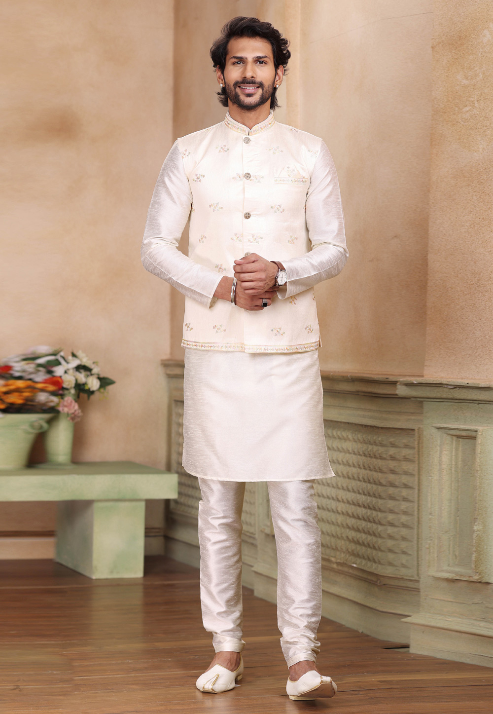 Off White Banarasi Silk Kurta Pajama With Jacket 264607