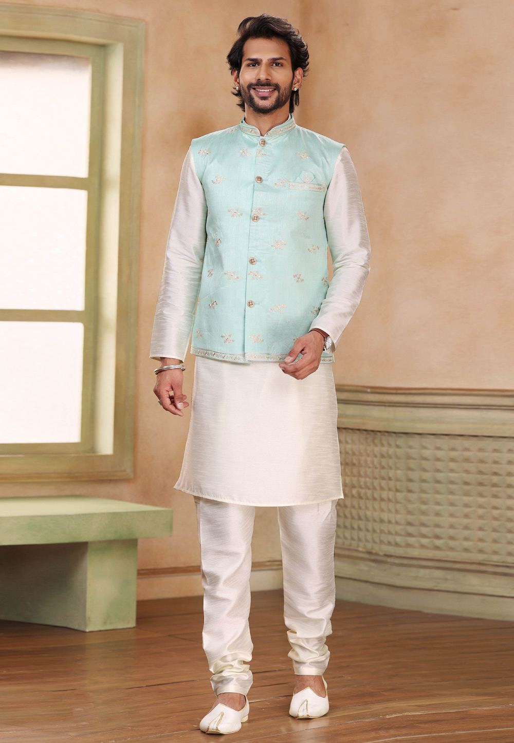 Off White Banarasi Silk Kurta Pajama With Jacket 264608