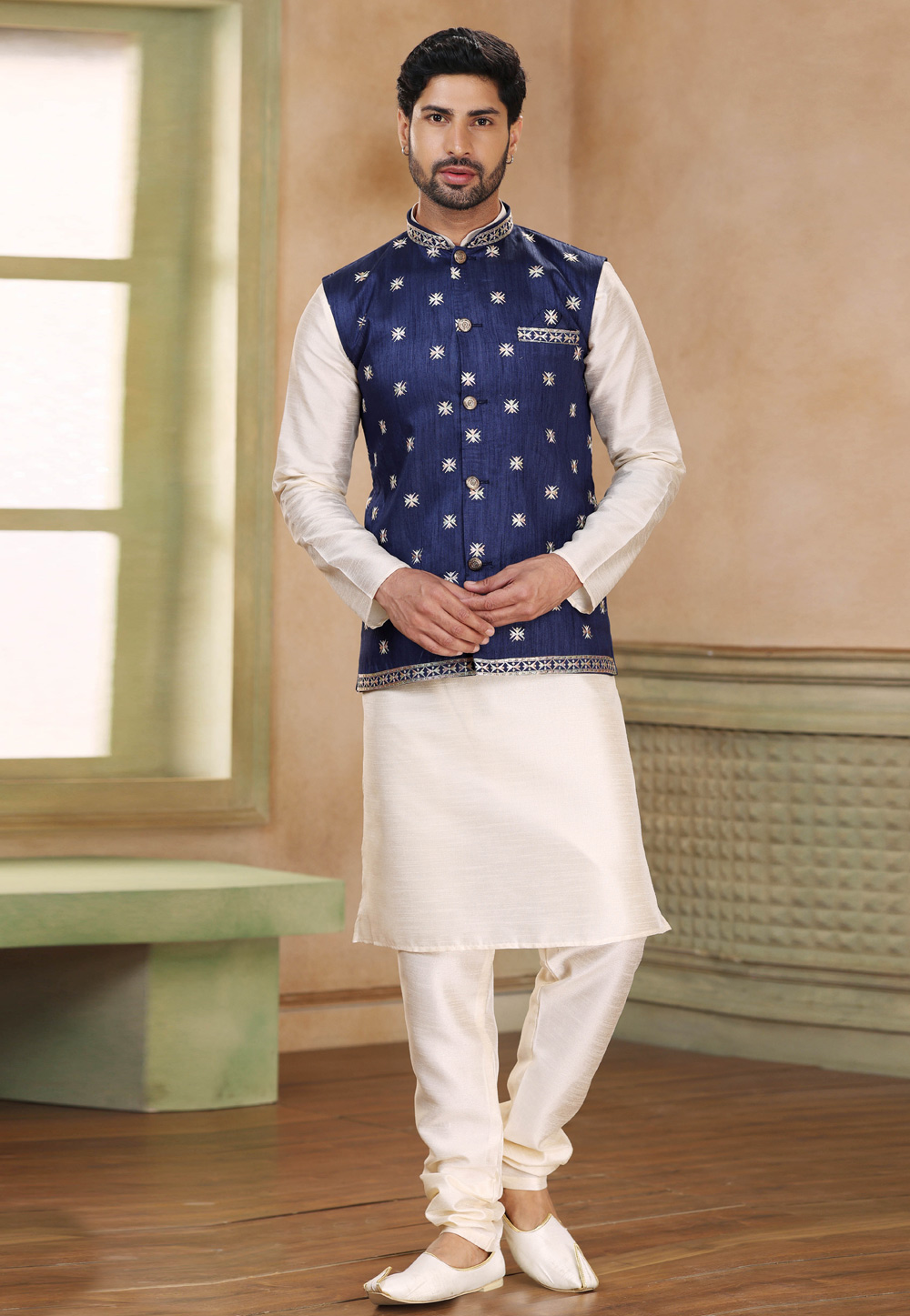 Off White Banarasi Silk Kurta Pajama With Jacket 264609